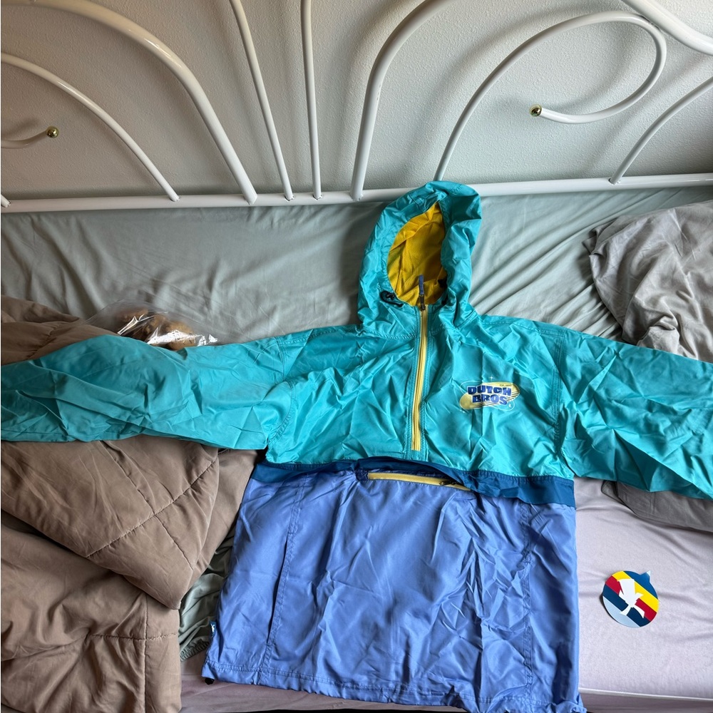 Dutch Bros Blue and Yellow Raincoat with Hood and Zipper
